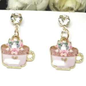 ☕️🆕 Betsey Johnson Style - Teapot Cat Drop Earrings